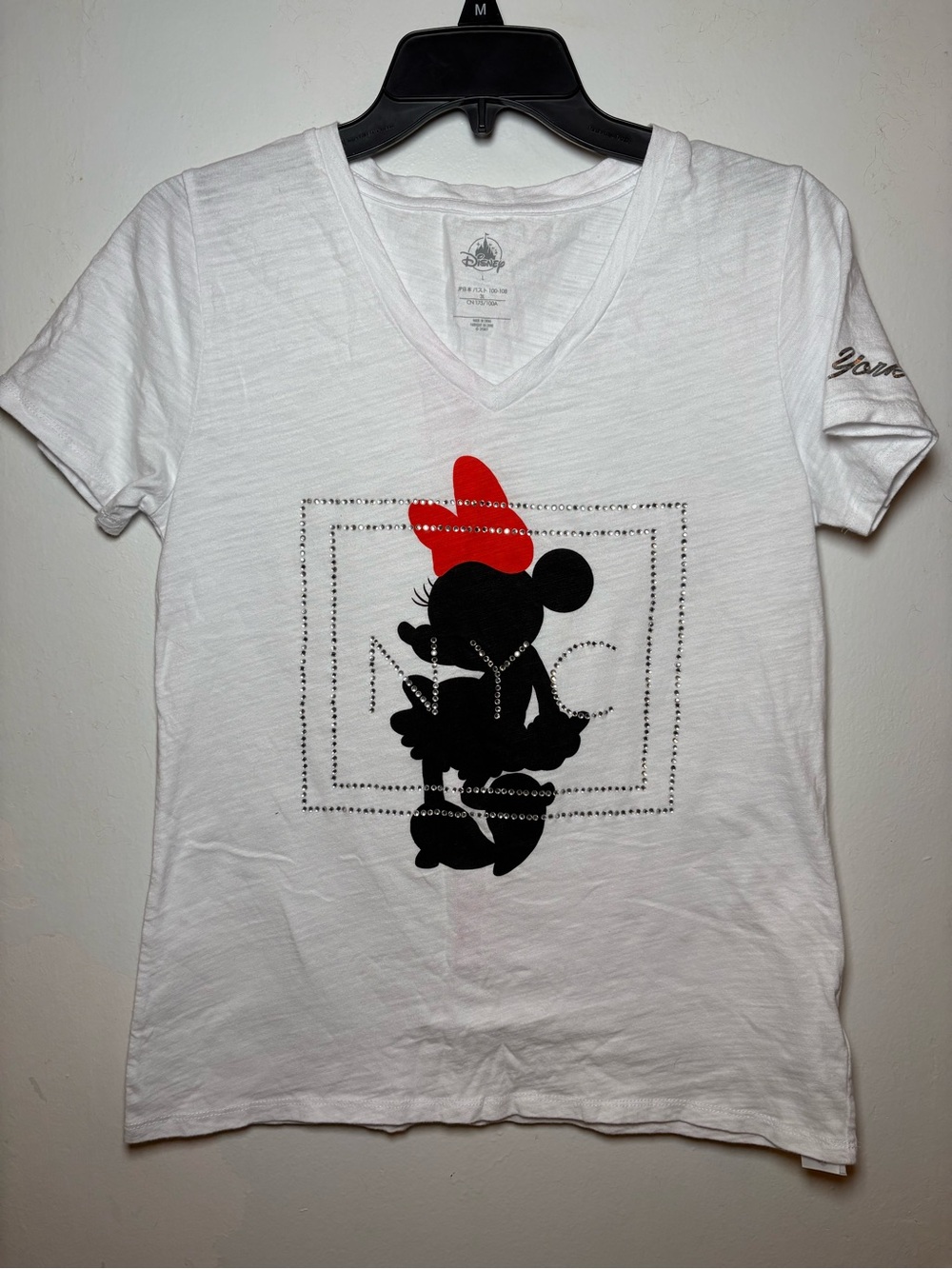 Disney White V-Neck Tee with Subtle Gray Logo Print